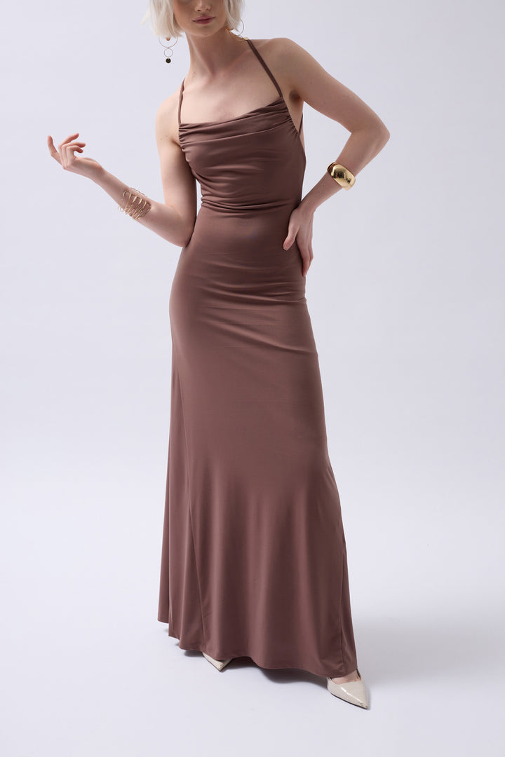 Claudia Tie Up Detail Dangle Collar Maxi Dress - Brown