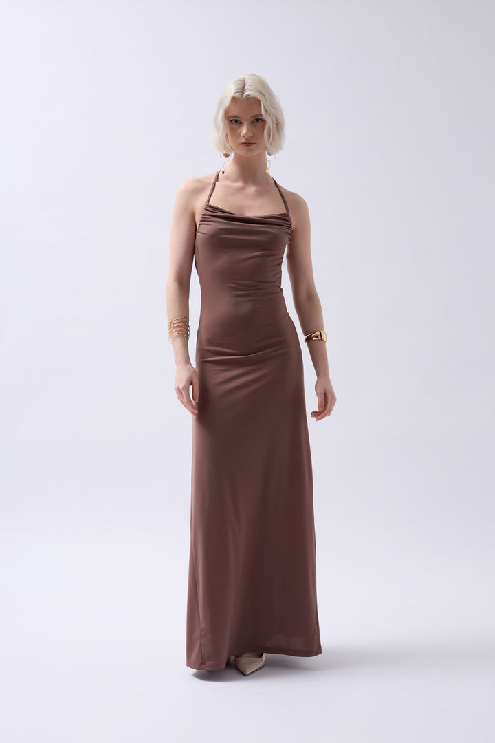Claudia Tie Up Detail Dangle Collar Maxi Dress - Brown