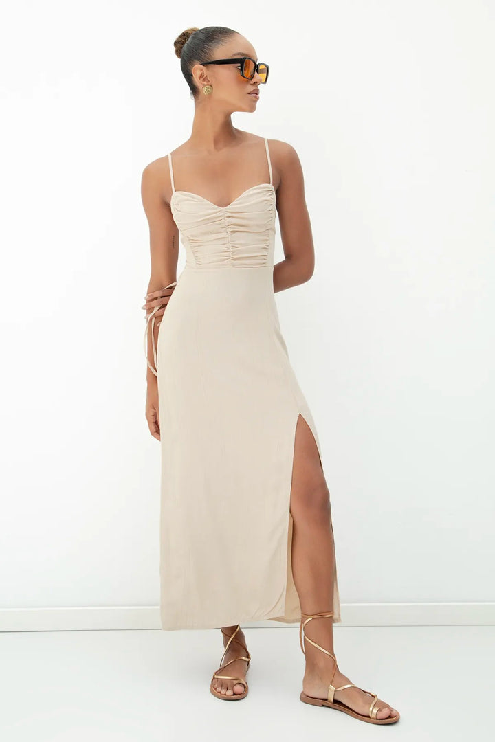 Cross Strapped Midi Dress - Beige