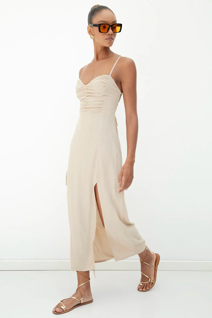 Cross Strapped Midi Dress - Beige