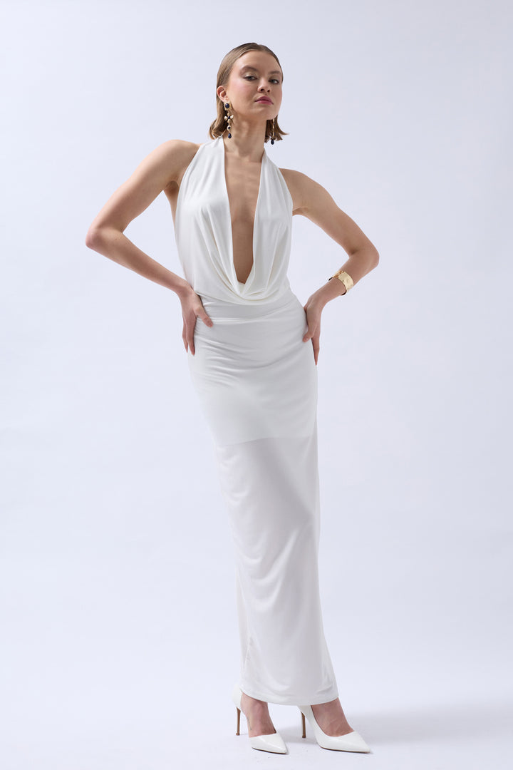 Diana Shawl Neck Maxi Dress - White