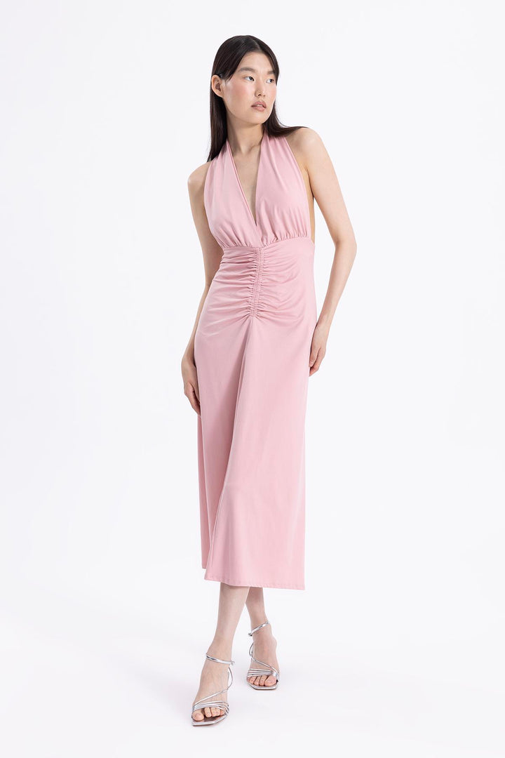 Pink draped midi dress with sleeveless cut and flowing silhouette – soft and elegant design