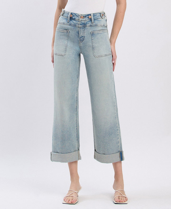 Super High Rise Tab Waistband Cuff Slim Wide Jeans - Commisioner