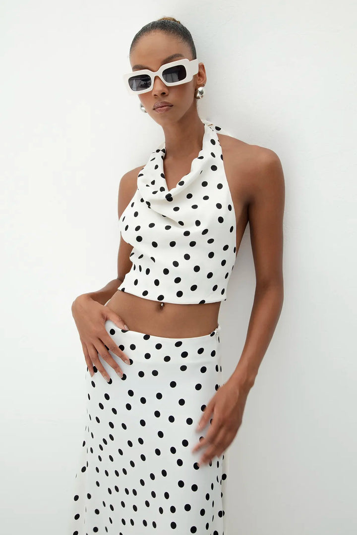 Ecru satin top with black polka dots, featuring a scoop neckline and relaxed fit – made in Türkiye