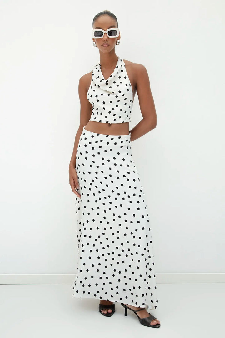 Ecru Satin Open Back Top with Polka Dots