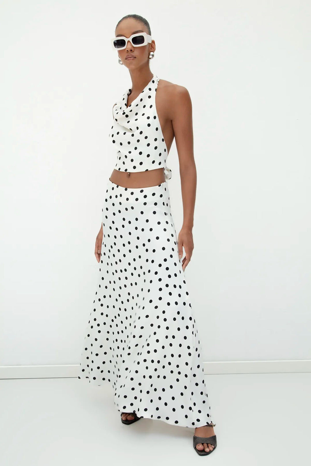 Ecru Satin Open Back Top with Polka Dots