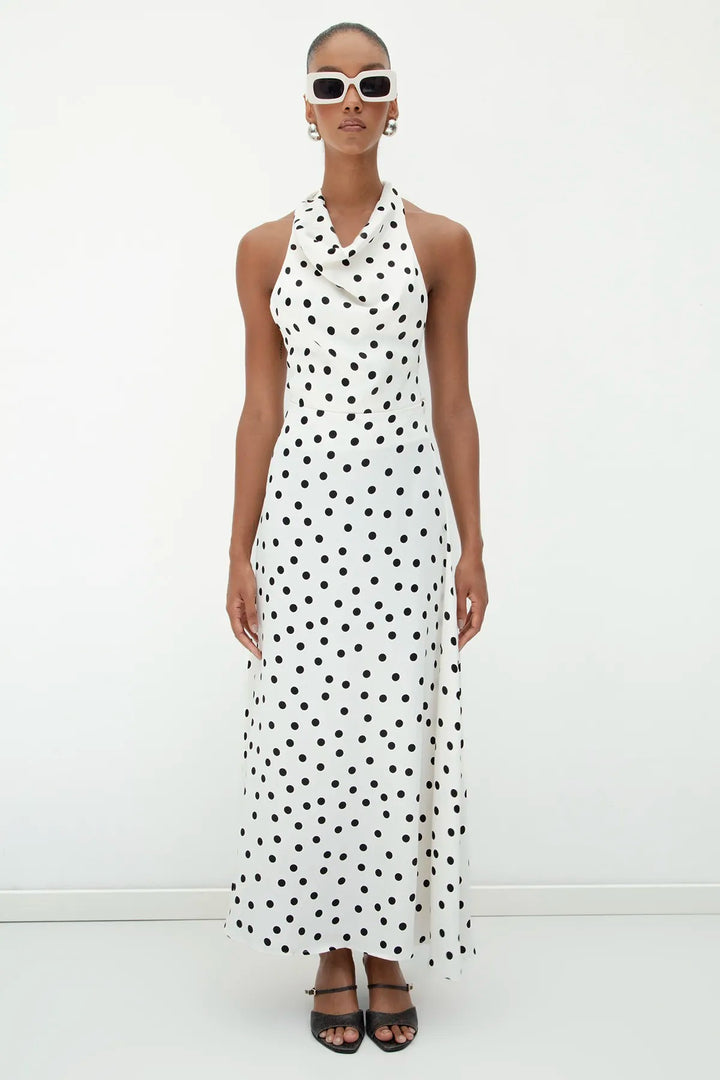Ecru Satin Open Back Top with Polka Dots