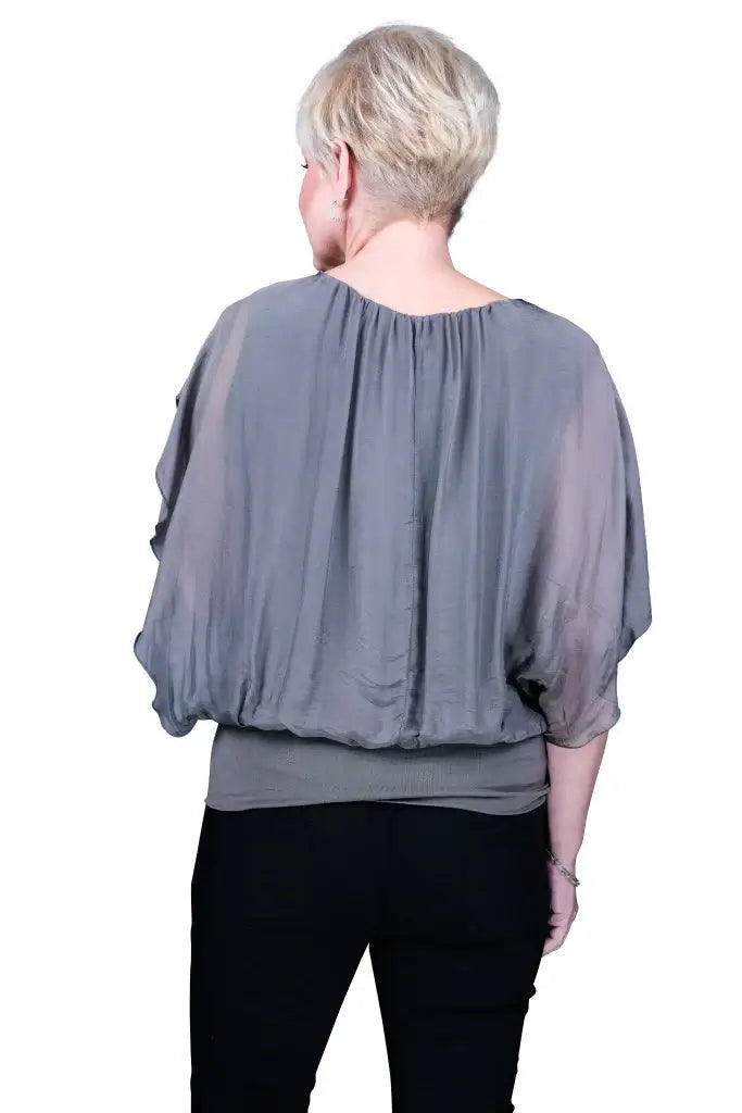 Aurora Flutter Fly Sleeve Silk Top w/ Band Bottom - Grey - Tees By Tina