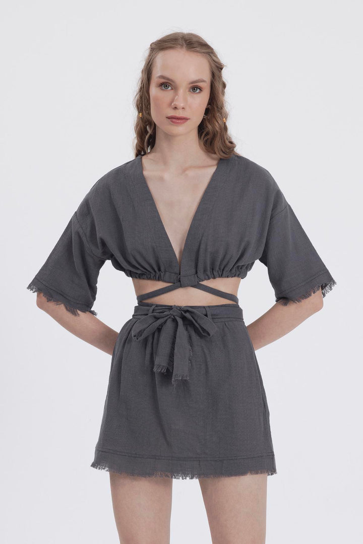 Fringe Linen Skirt-Grey
