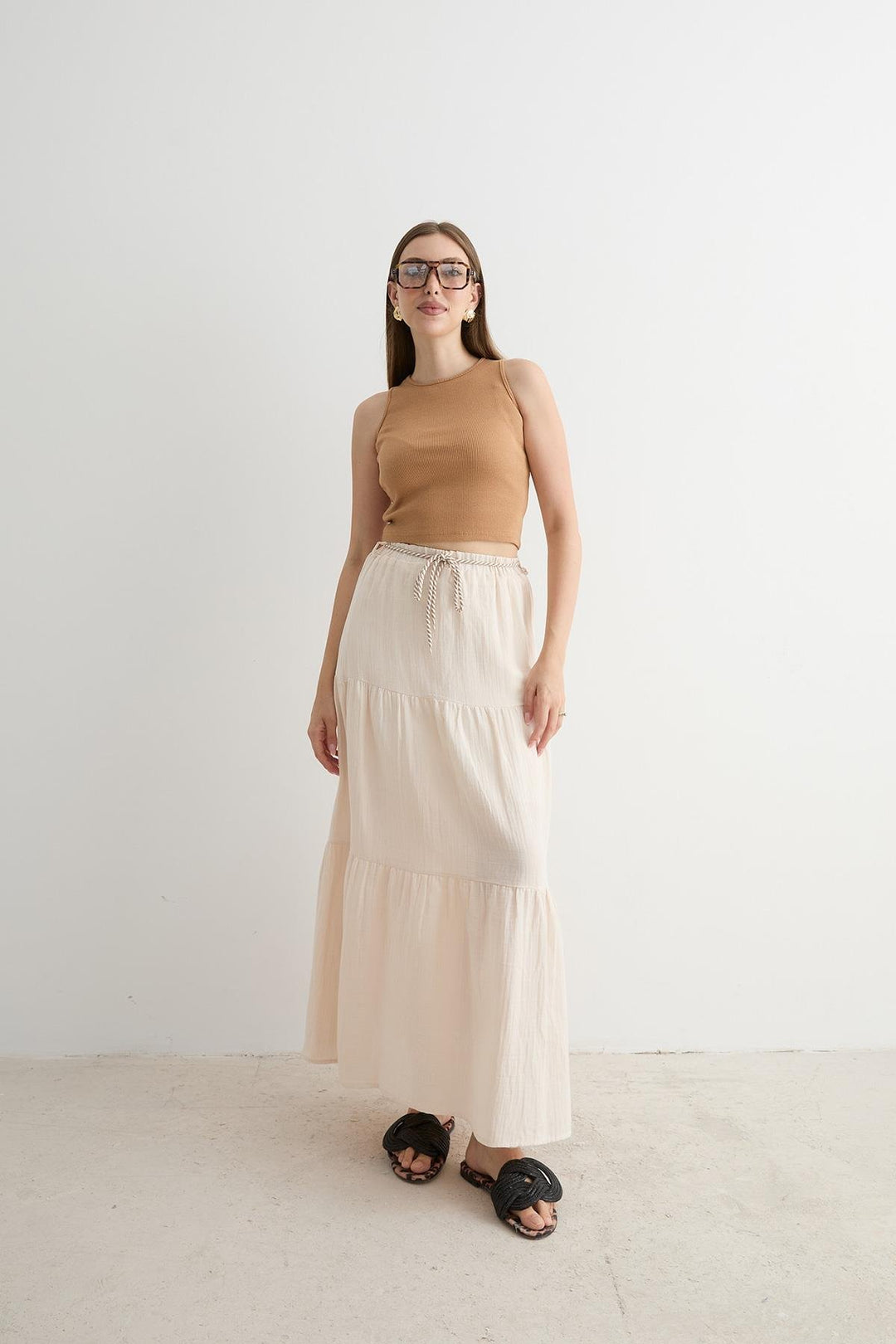 Gauze Elastic Waist Long Skirt - Stone