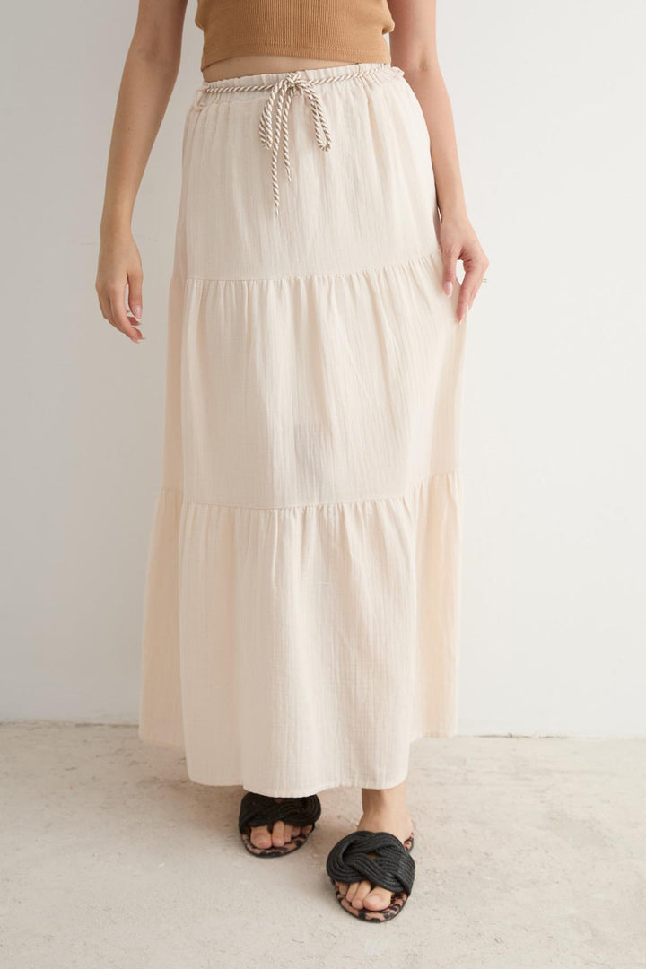 Gauze Elastic Waist Long Skirt - Stone