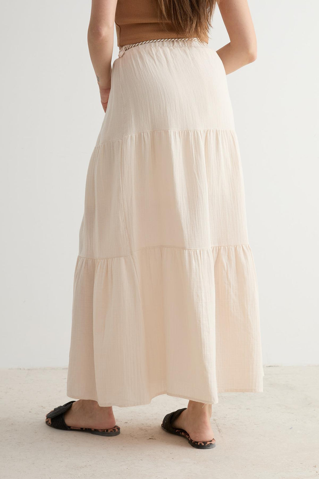 Gauze Elastic Waist Long Skirt - Stone