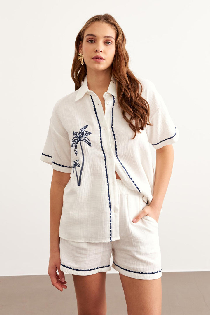 Gauze Embroidery Detailed Buttoned Shirt-OffWhite