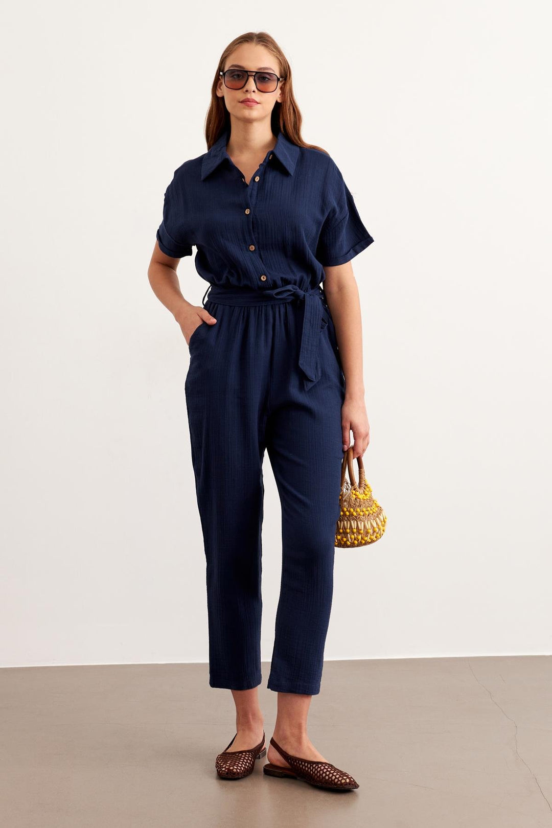 Gauze Jumpsuit-Navy