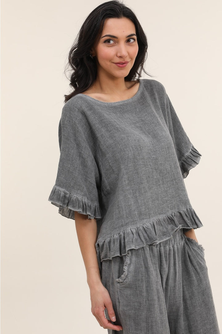 Side view of women's gray Italian linen blouse with relaxed silhouette and eco-friendly fabric
