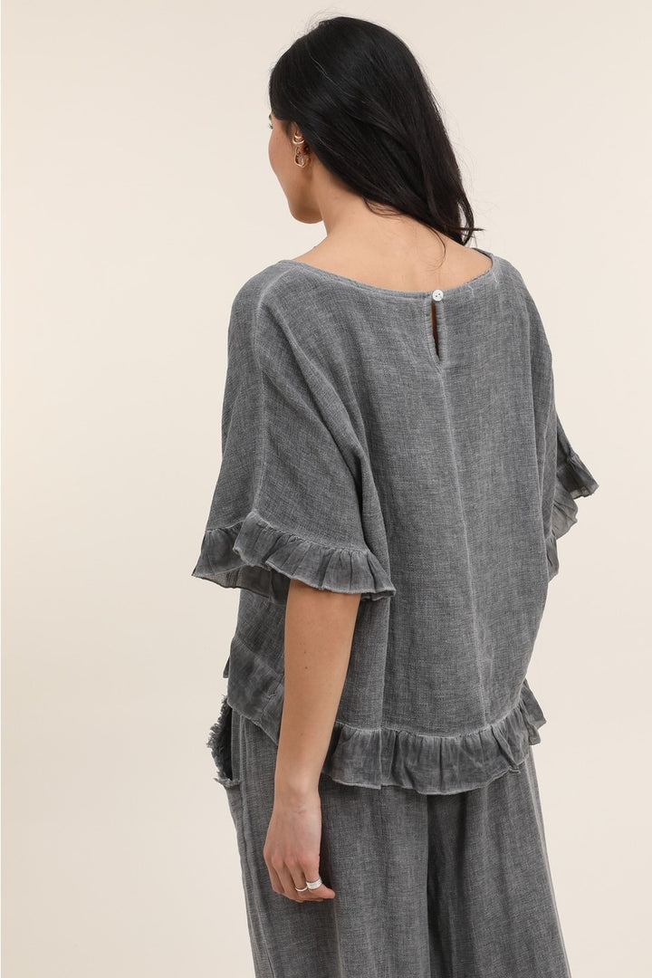 Back view of gray Italian linen blouse featuring breathable fabric and timeless design