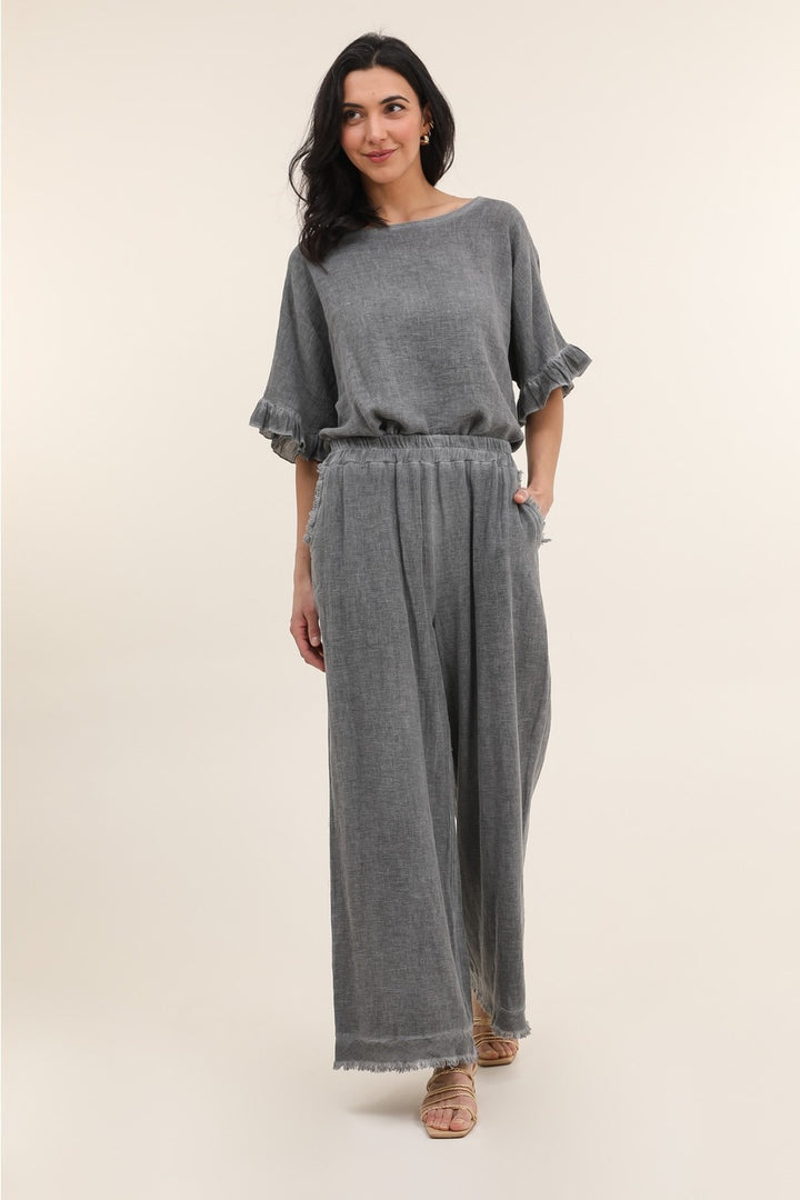 Casual outfit featuring gray Italian linen pants paired with white blouse – effortless elegance