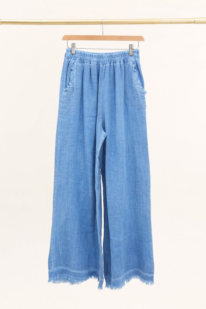 blue Italian linen pants featuring relaxed fit and breathable fabric – made in Italy
