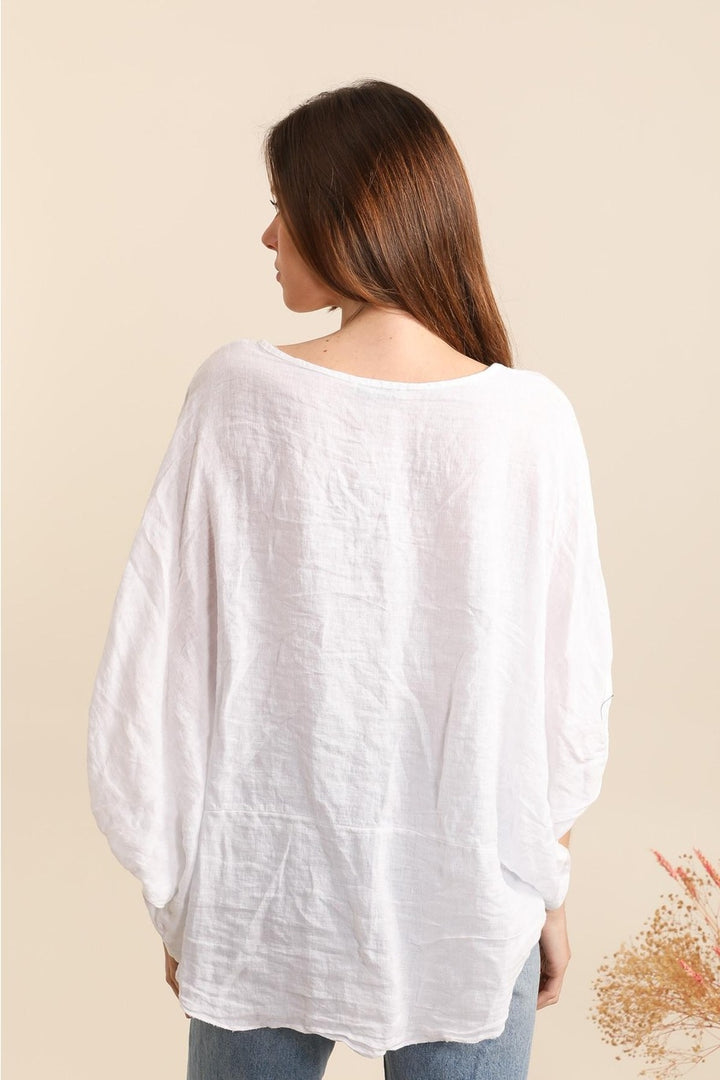 Back view of white linen blouse featuring floral embroidery and relaxed fit – elegant design