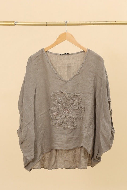 Chic outfit pairing begie linen blouse with floral embroidery and tan trousers – perfect for summer eleganc