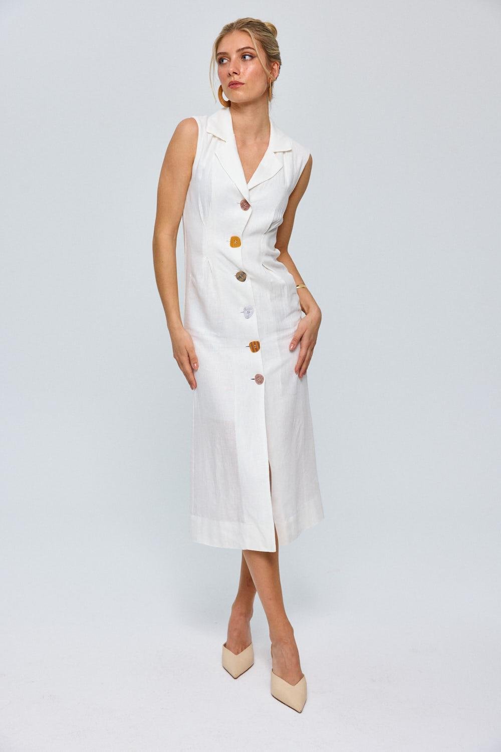 Lorenart Country Road White Linen Dress Petite Linen-Blend Button-Wrap Midi Dress Lorenart Country Road White Linen Dress Petite Linen-Blend Button-Wrap Midi Dress