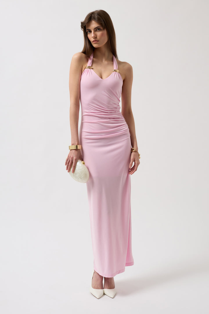 Feminine summer look with wispy pink Anabel dress styled with sandals and pearl accessories