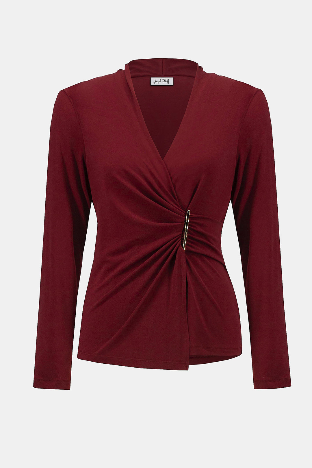 Maroon long-sleeve top with a front knot detail on a white background