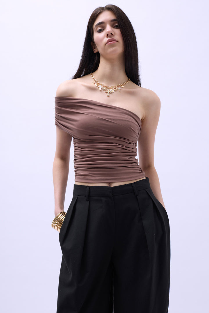 One Shoulder Ruffle Blouse - Brown