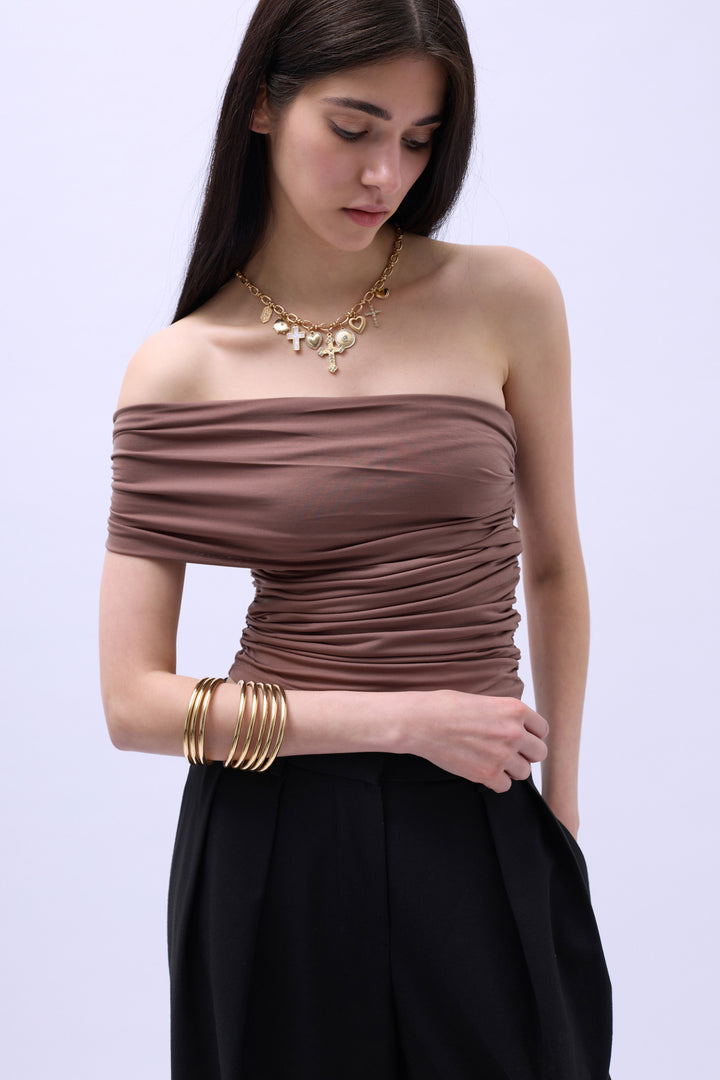 One Shoulder Ruffle Blouse - Brown