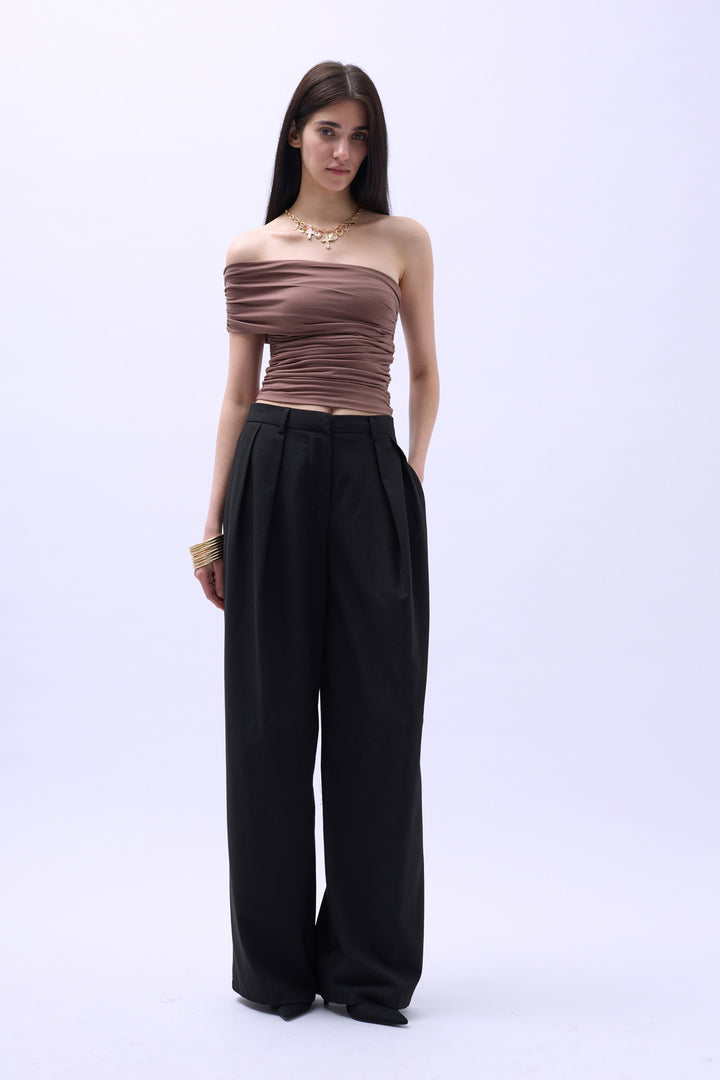 One Shoulder Ruffle Blouse - Brown