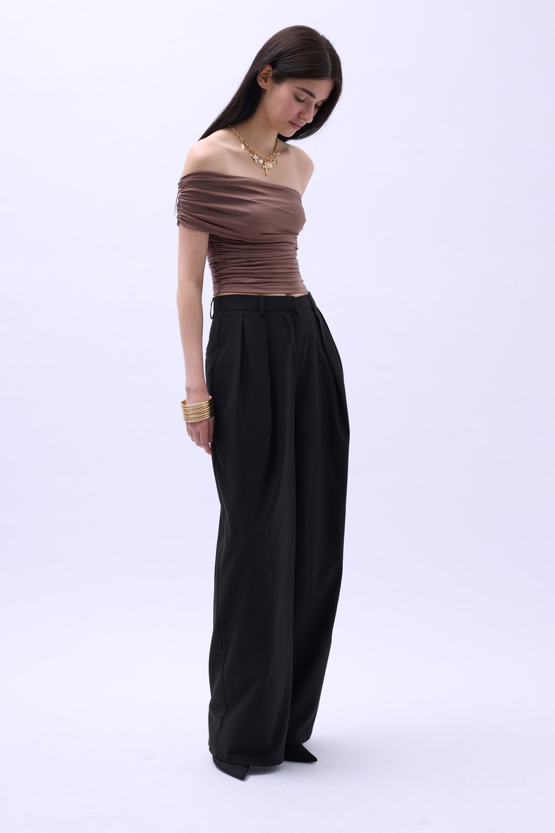 One Shoulder Ruffle Blouse - Brown