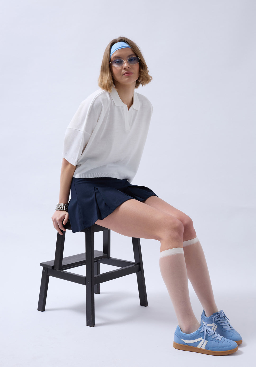 Polo Neck Crop Blouse - White