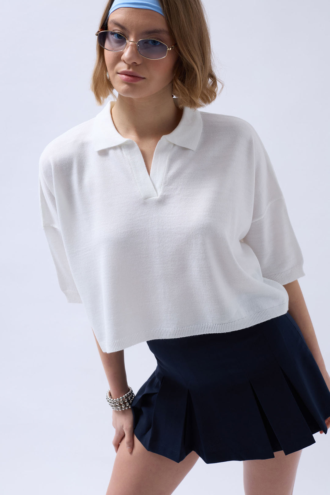 Polo Neck Crop Blouse - White