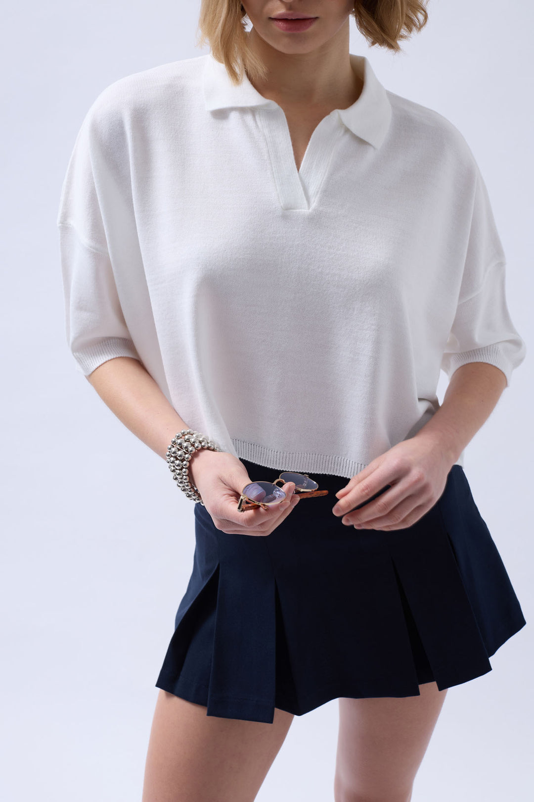 Polo Neck Crop Blouse - White
