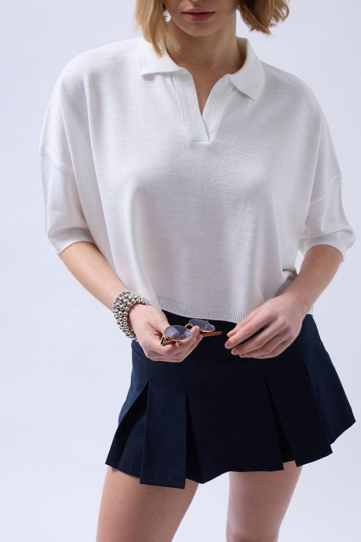 Polo Neck Crop Blouse - White
