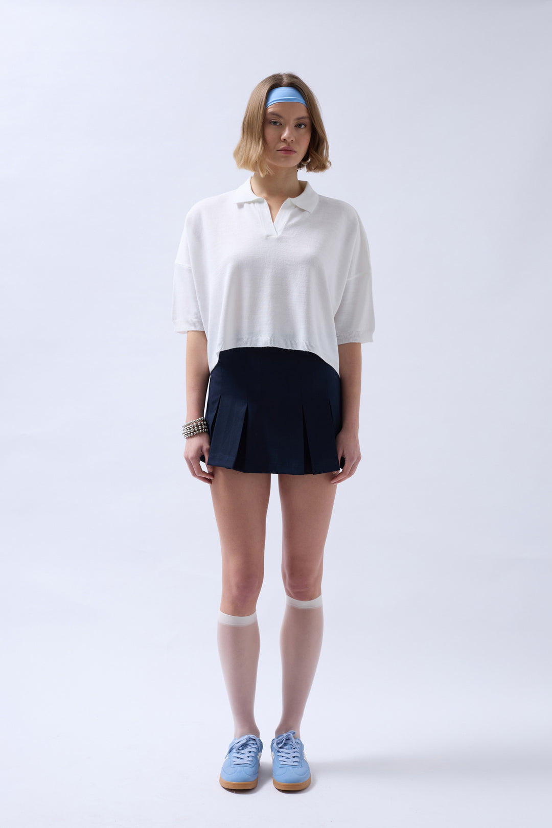 Polo Neck Crop Blouse - White
