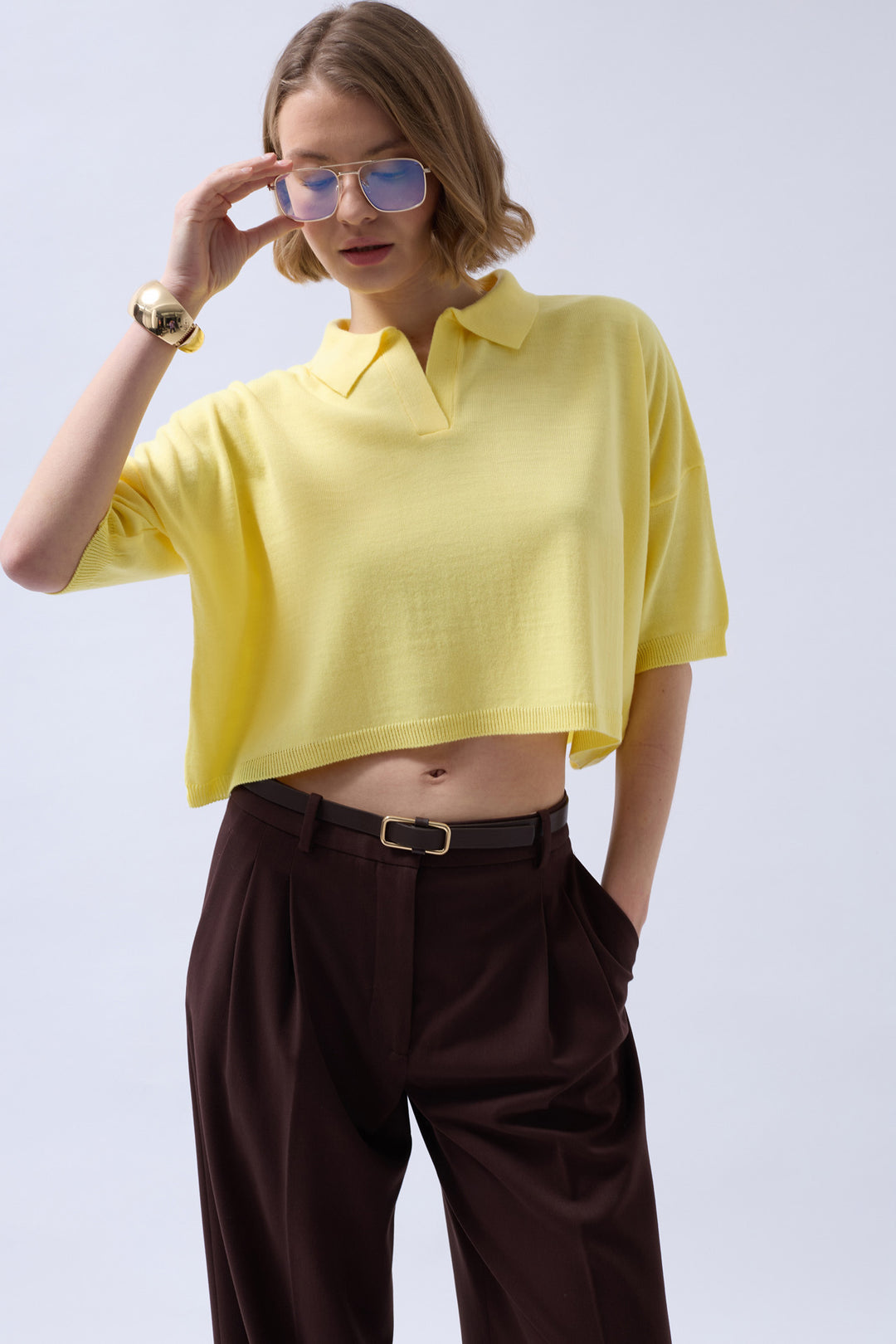 Polo Neck Crop Blouse - Yellow