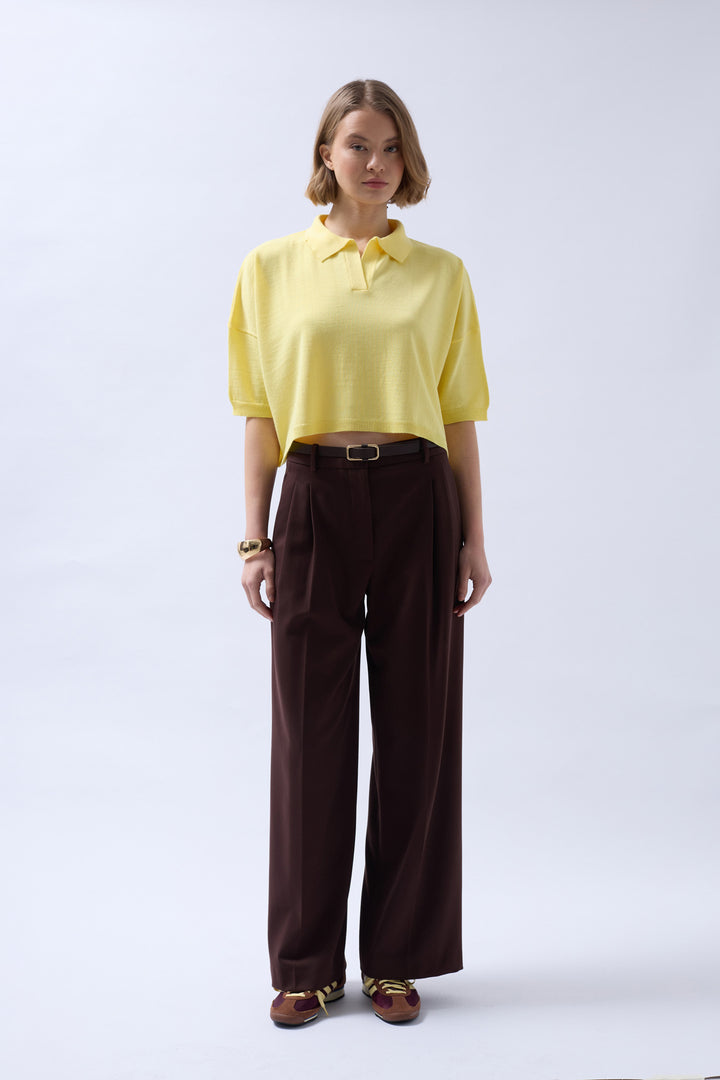 Polo Neck Crop Blouse - Yellow