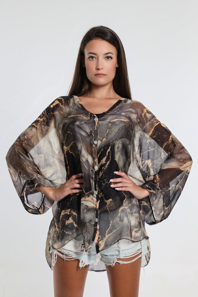 Rosana Marble Silk Sheer Blouse w/Tank - Black - Tees By Tina