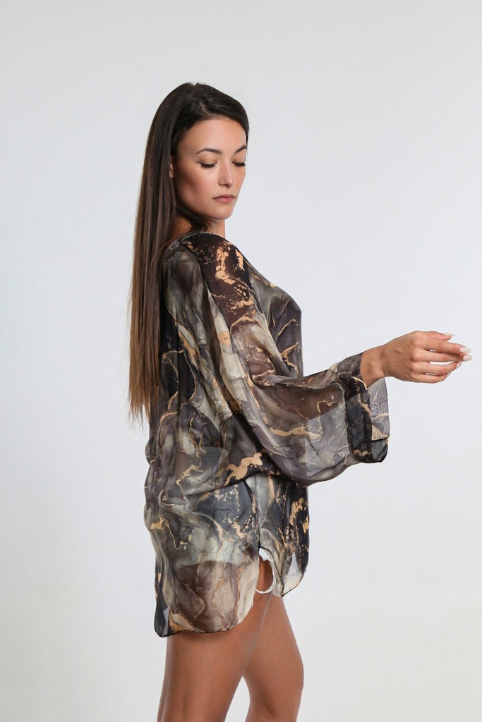 Rosana Marble Silk Sheer Blouse w/Tank - Black - Tees By Tina