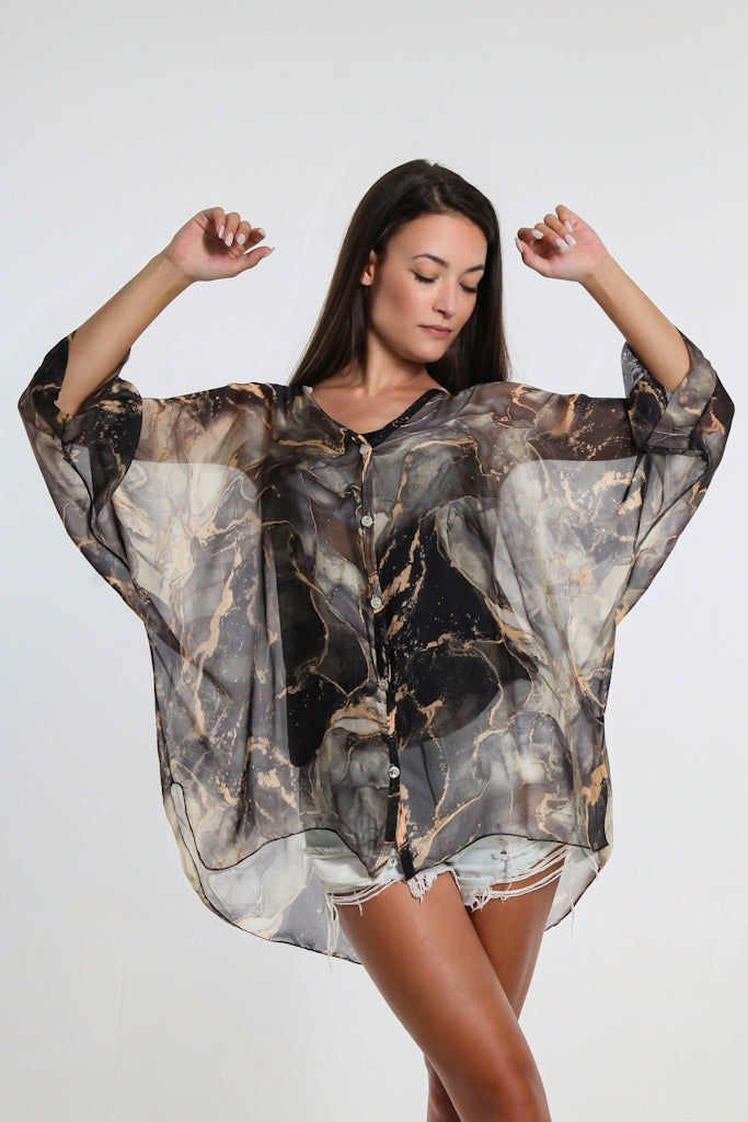 Rosana Marble Silk Sheer Blouse w/Tank - Black - Tees By Tina