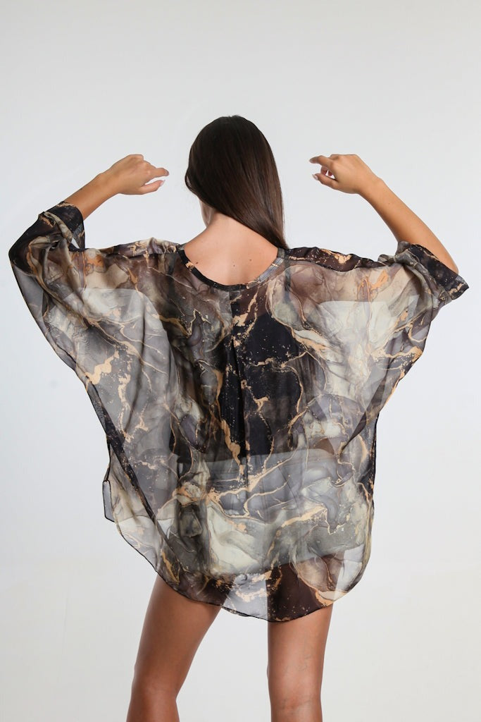 Rosana Marble Silk Sheer Blouse w/Tank - Black - Tees By Tina