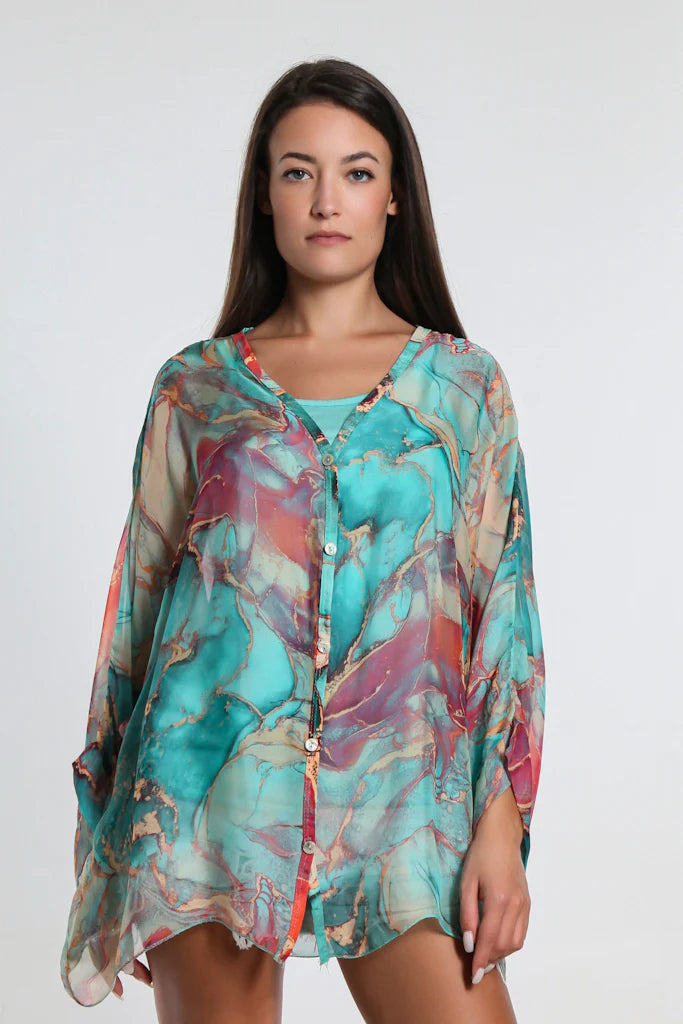 women wears silk sheer blouse
