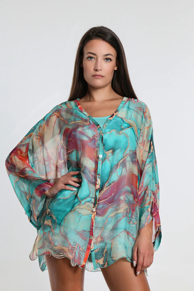 Rosana Marble Silk Sheer Blouse w/Tank - Turquoise - Tees By Tina