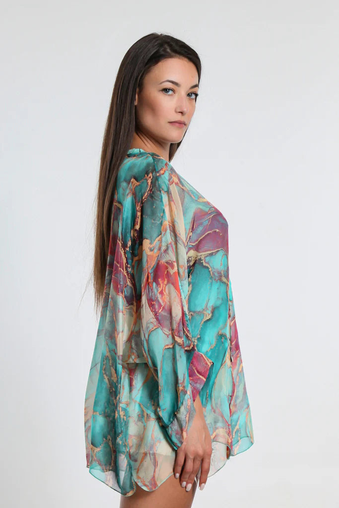 Rosana Marble Silk Sheer Blouse w/Tank - Turquoise - Tees By Tina