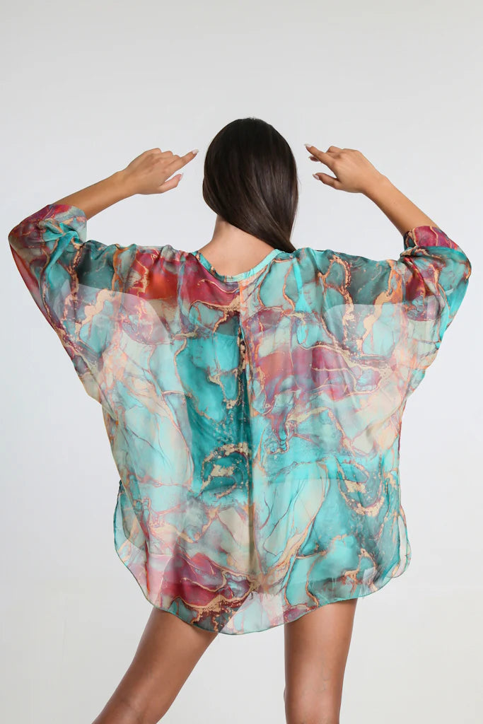 Rosana Marble Silk Sheer Blouse w/Tank - Turquoise - Tees By Tina