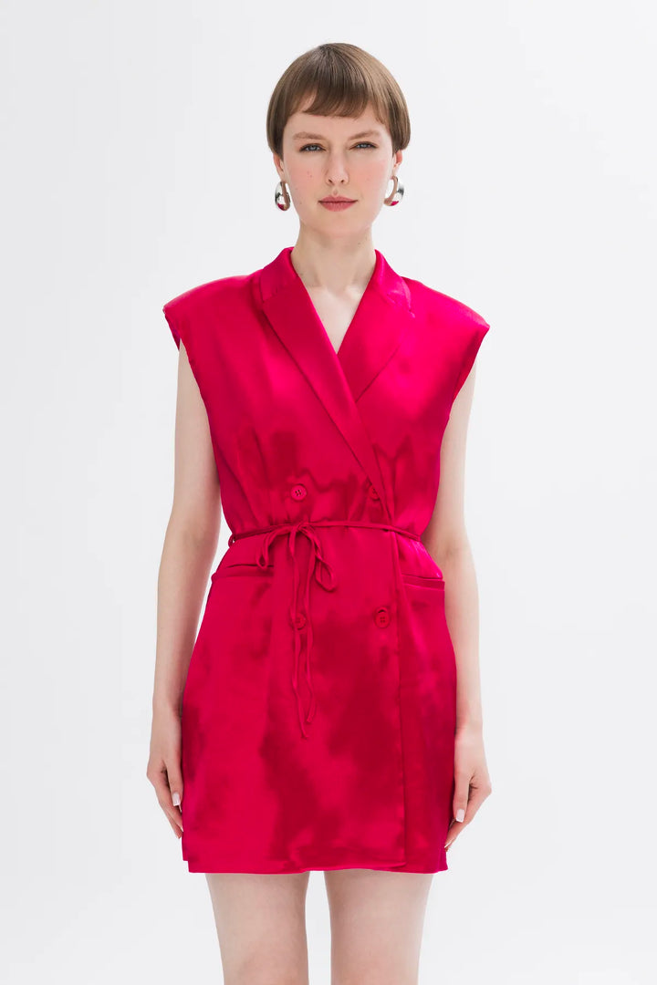 Satin Mini Button Dress-Fuchsia