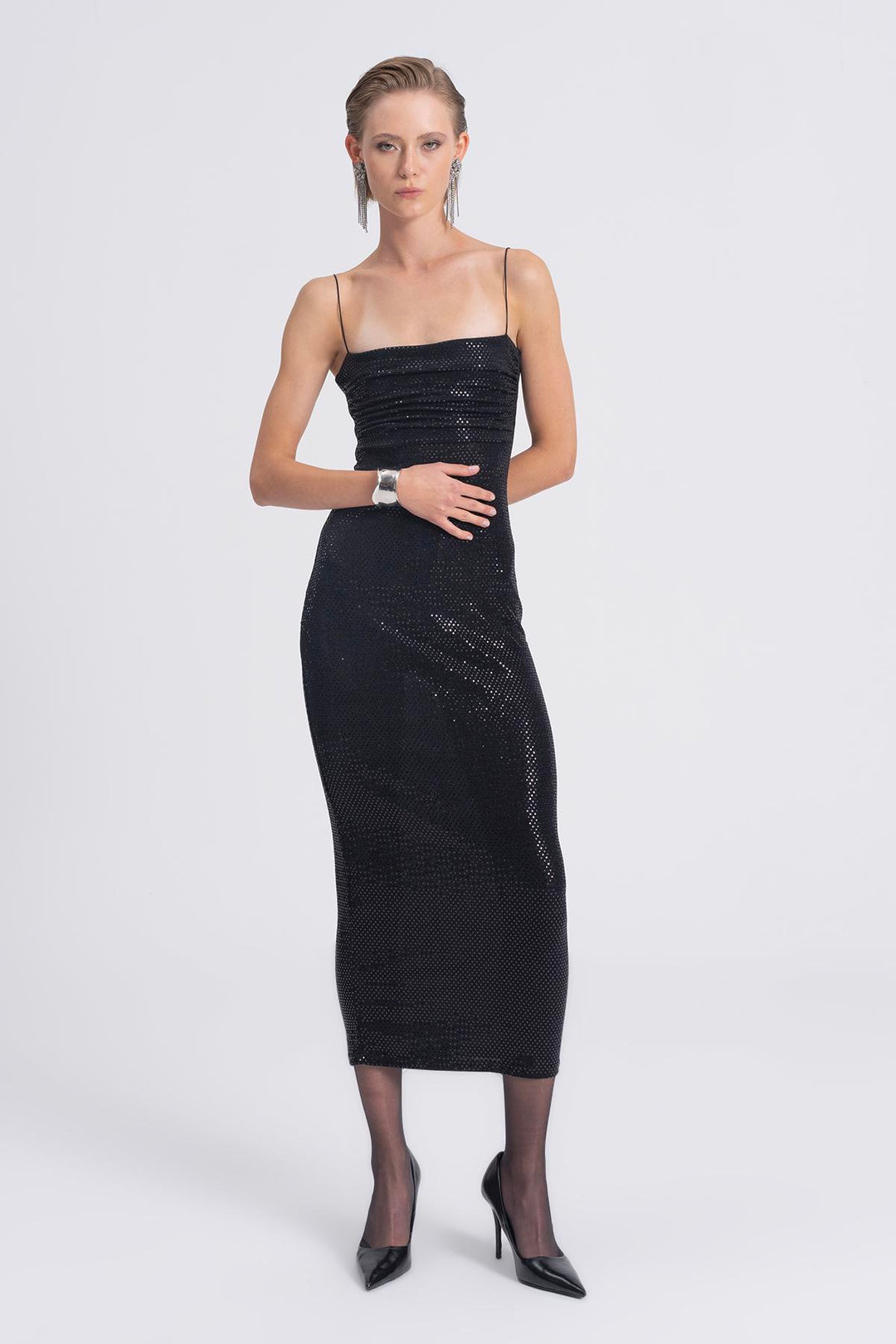 Sequin Straight Neck Midi Dress