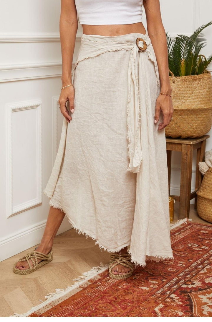 linen midi skirt featuring adjustable drawstring waist and relaxed fit – made in Italy