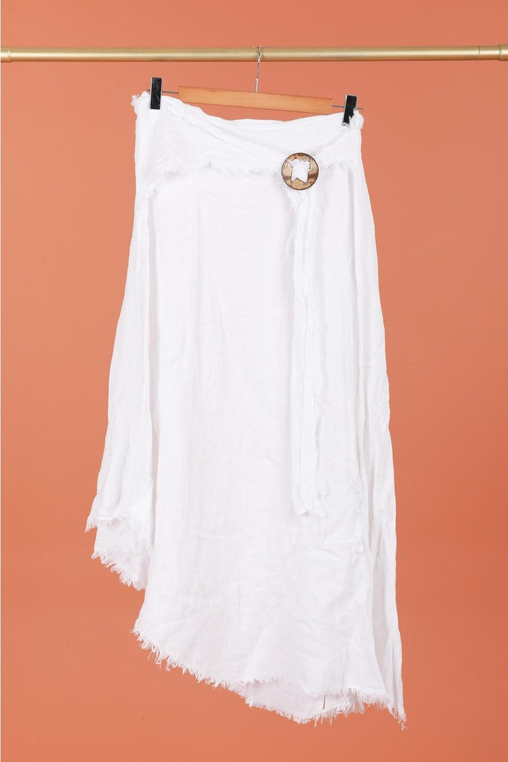 Side view of  linen skirt with adjustable drawstring waist and comfortable fit